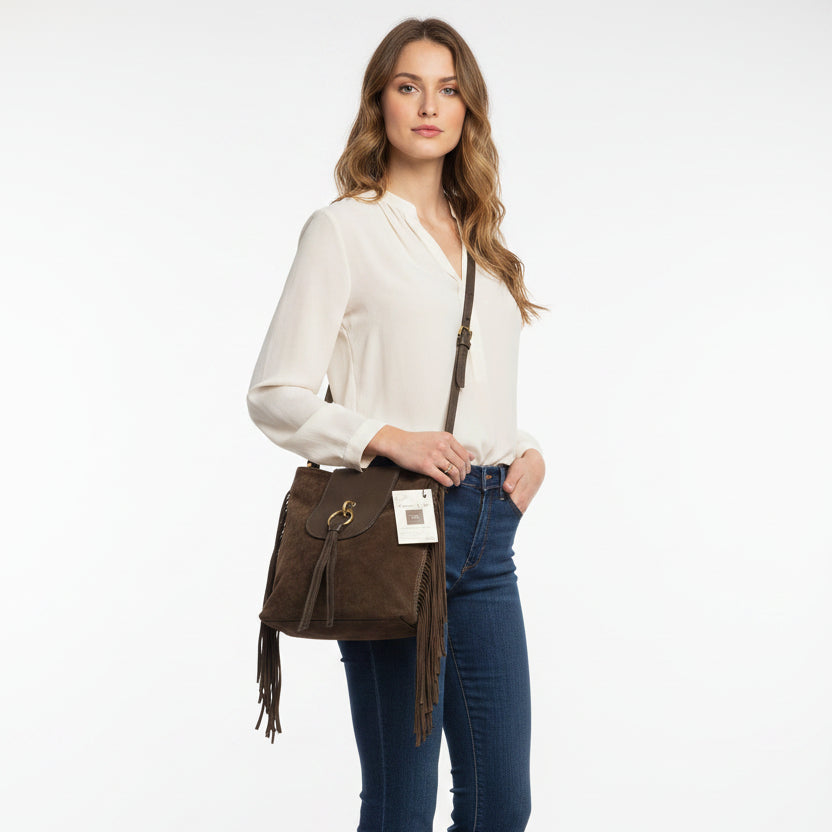 Bolso de mano y bandolera piel 100% ante con flecos color chocolate