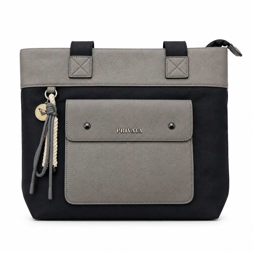 Bolso shopper negro y gris con bolsillo delantero y llavero colgante