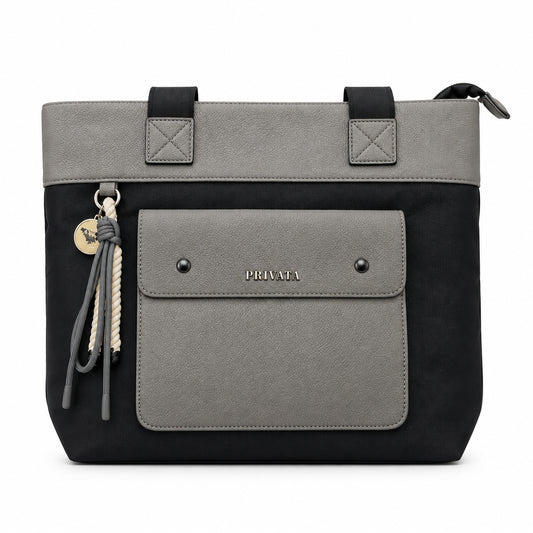 Bolso shopper negro y gris con bolsillo delantero y llavero colgante - Moments by You