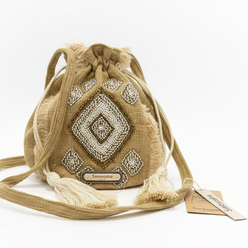 Bolso tipo saco de fibra 100% natural con diseño de cuentas y flecos - Moments by You