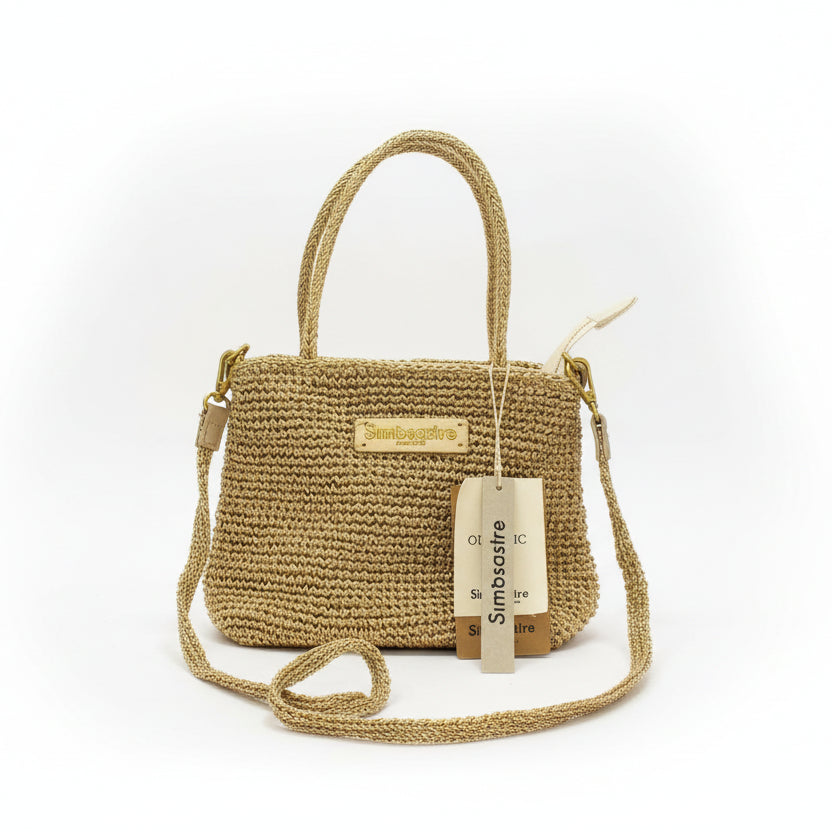 Bolso 100% fibra naturales pequeño con asas y bandolera en dorado - Moments by You