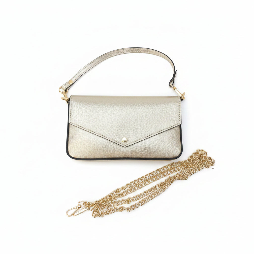 Bolso pequeño de piel 100% auténtica metalizada con solapa y detalles dorados