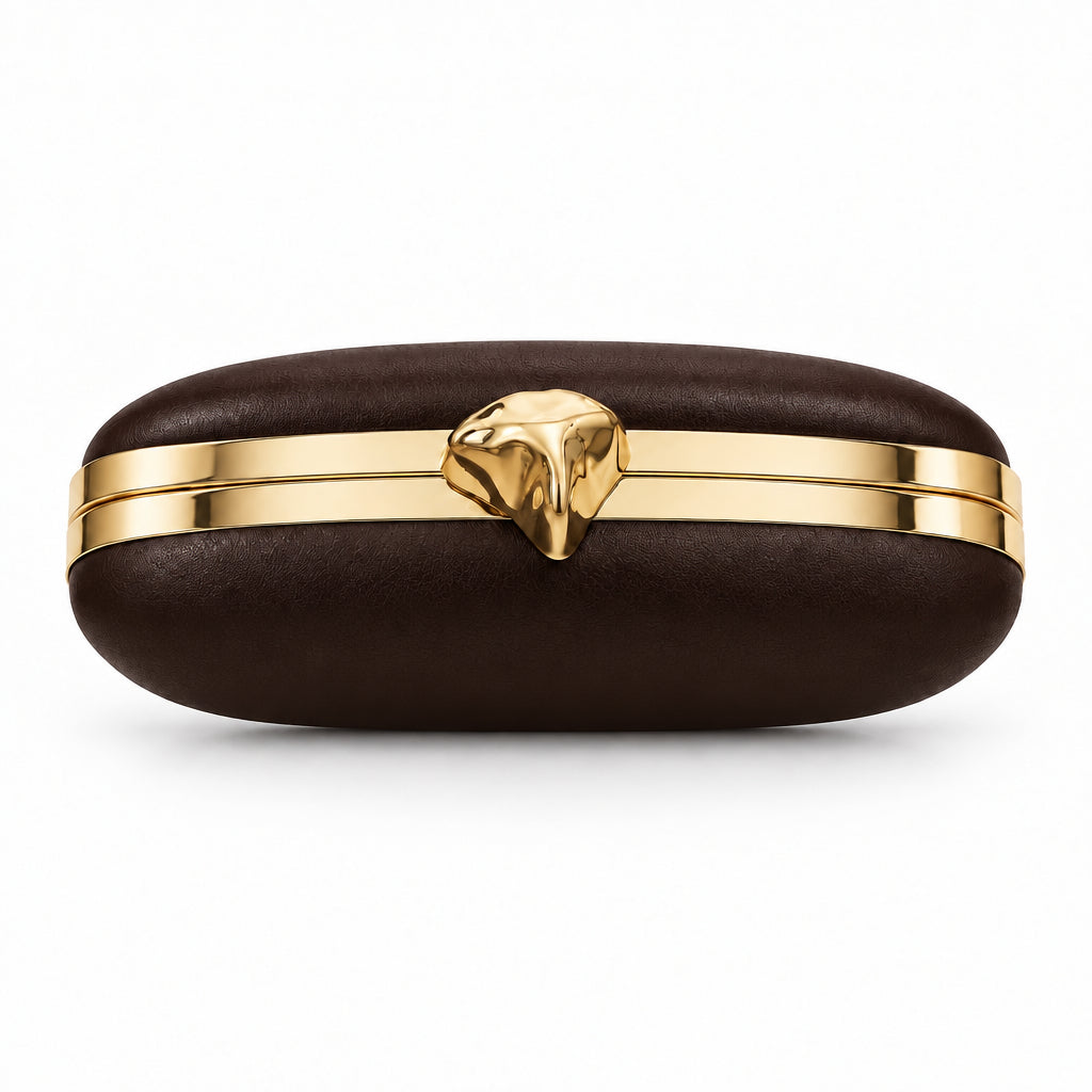 Bolso fiesta clutch con forma ovalada en chocolate y dorado