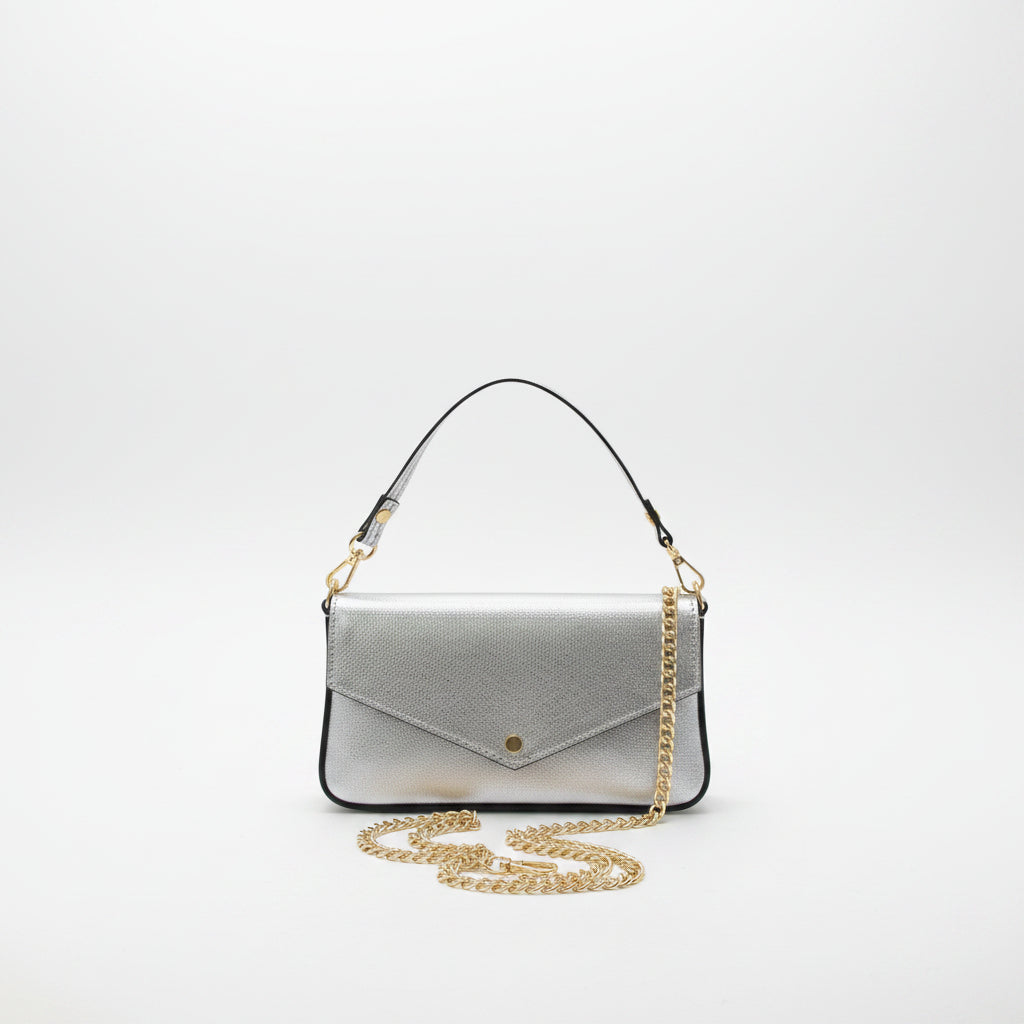 Bolso pequeño de piel 100% auténtica metalizada con solapa y detalles dorados