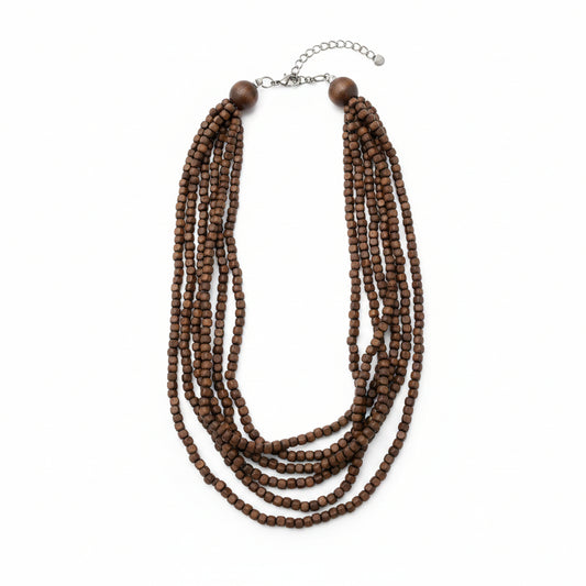 Collar largo de cuentas de madera en chocolate de varias tiras - Moments by You