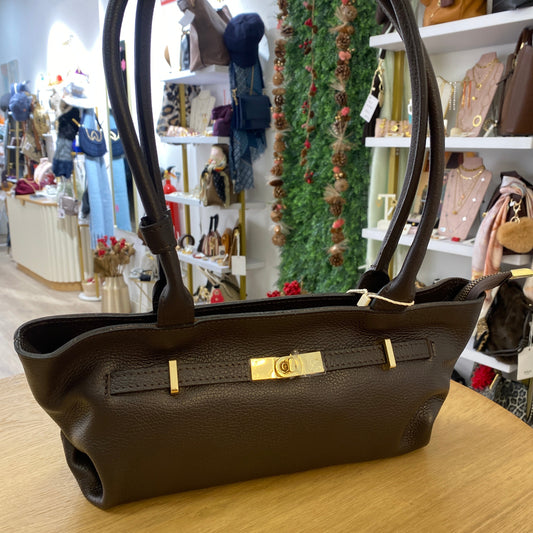 Bolso de hombro piel 100% auténtica con asas largas color chocolate