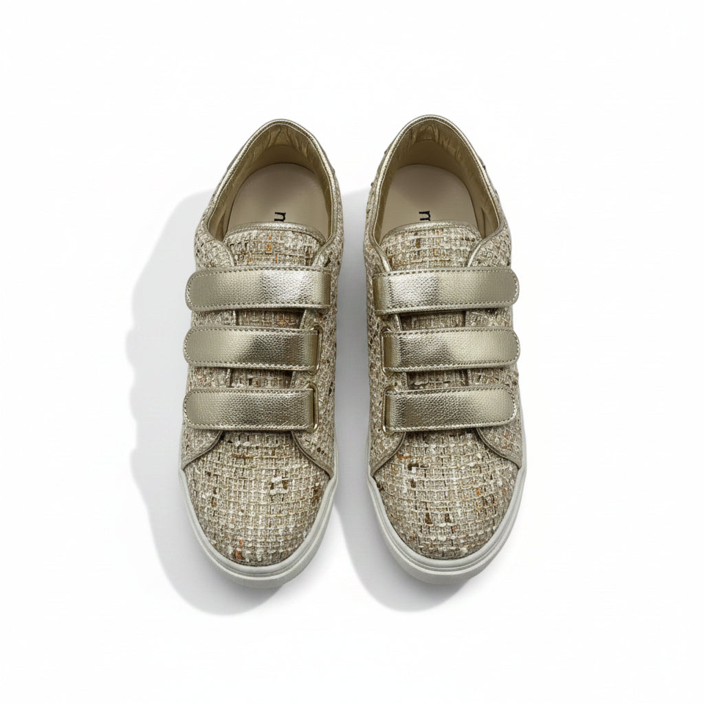 Zapatillas sneakers con diseño tejido y cierre de velcro tonos marrones y oro - Moments by You