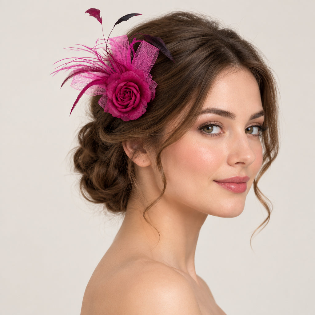 Tocados/broches en forma de rosa con plumas en color fucsia - Moments by You