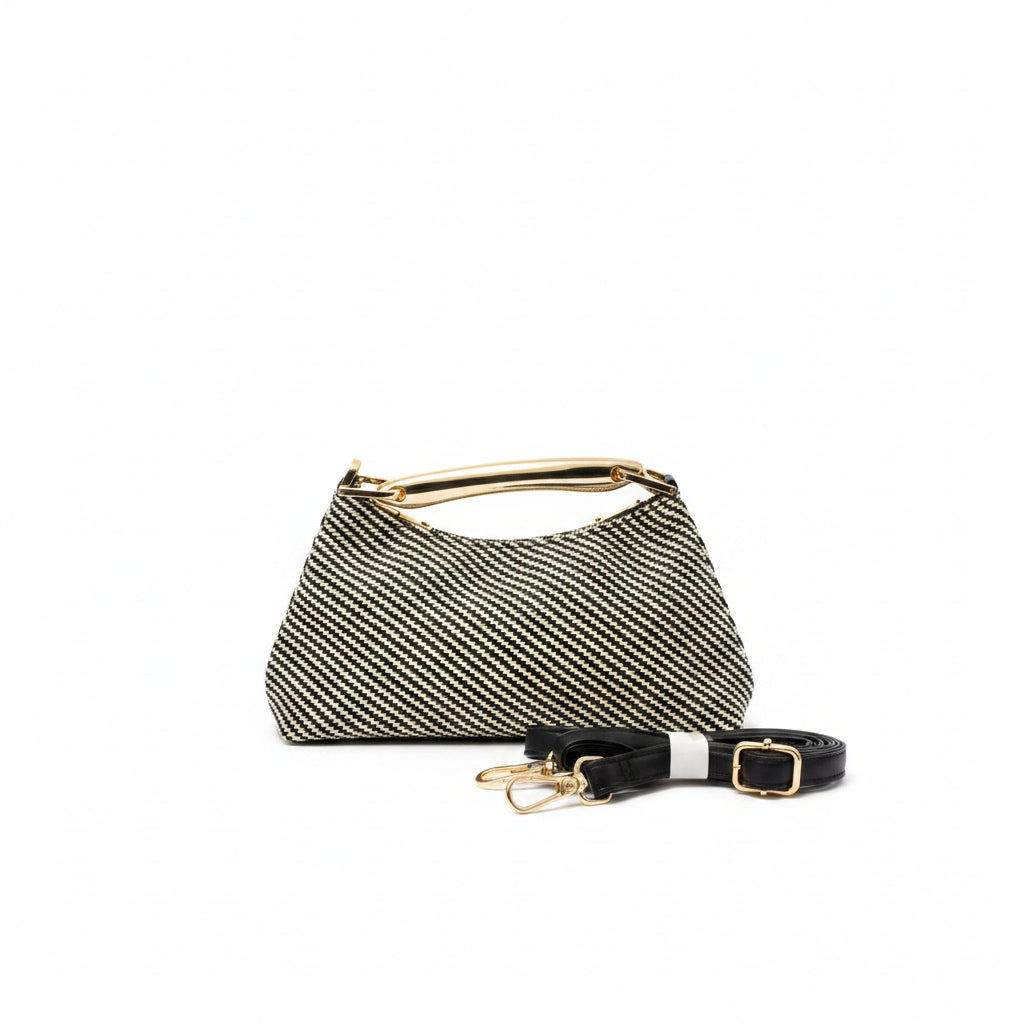 Bolso de fiesta alargado a rayas en beige y negro con asa dorada - Moments by You