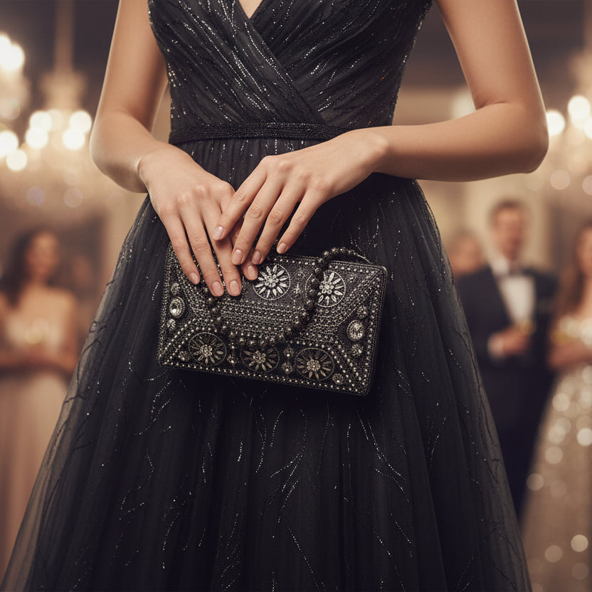 Bolso clutch de fiesta tipo joya con diseño floral de circonitas grisáceo - Moments by You