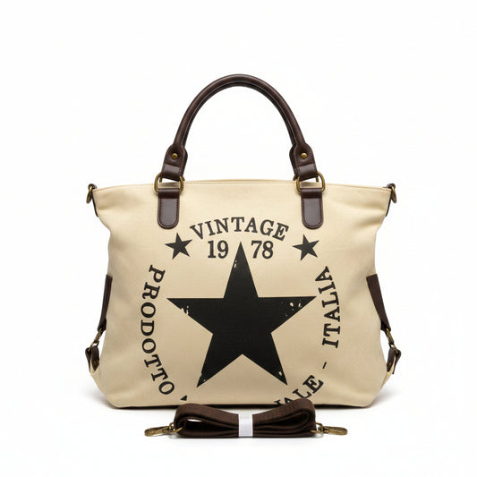 Bolso grande tipo shopper de loneta con diseño y en color khaki - Moments by You