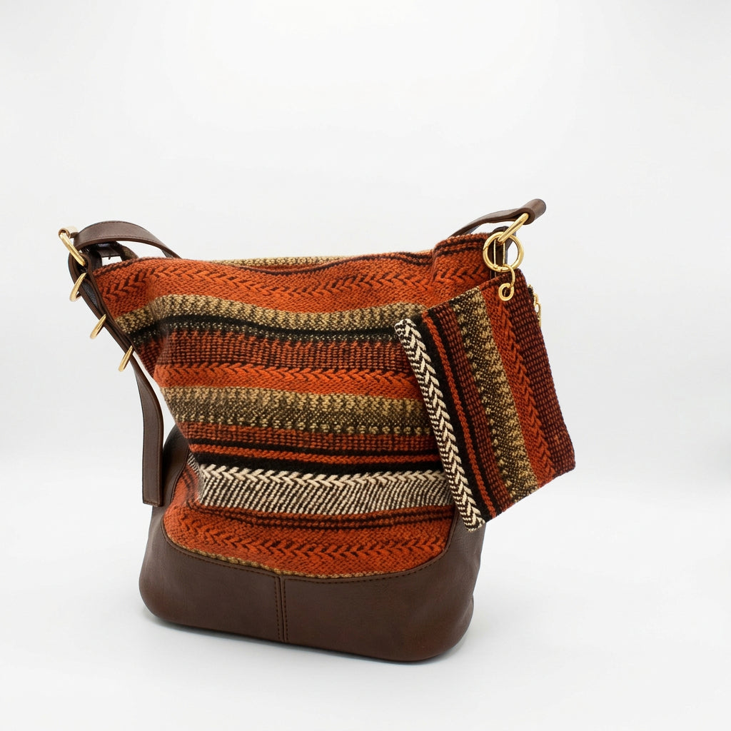 Bolso de hombro con estampado étnico y acabado tipo cuero en chocolate