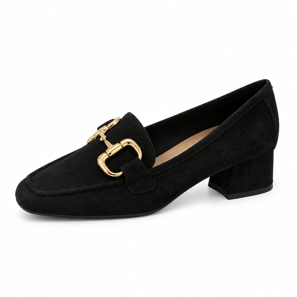 Mocasines de tacón terciopelo negro con hebilla dorada