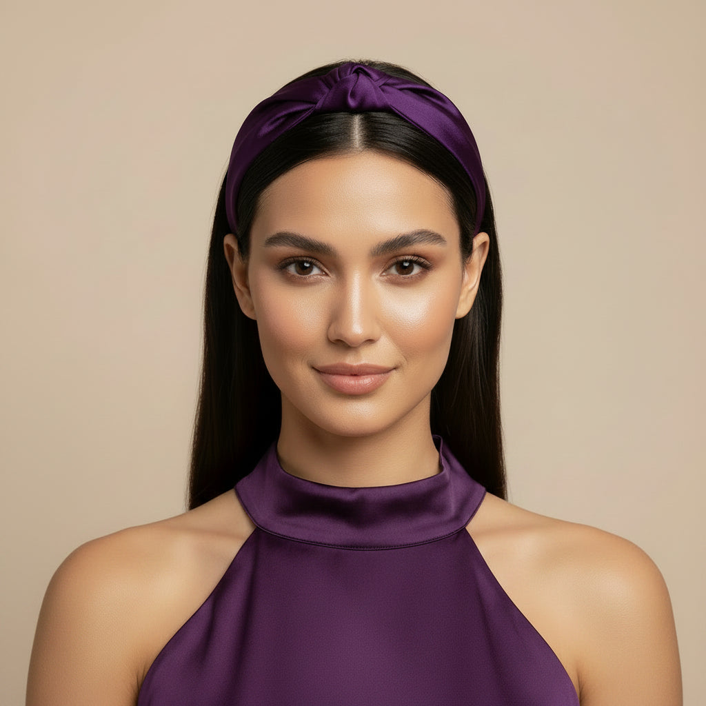 Diadema ancha con nudo y tejido tipo seda en morado berenjena - Moments by You