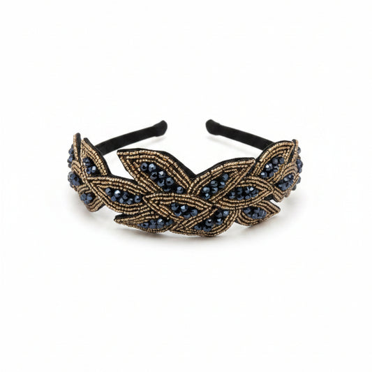 Diadema fiesta con lentejuelas en azul marino y dorado con diseño de hojas - Moments by You