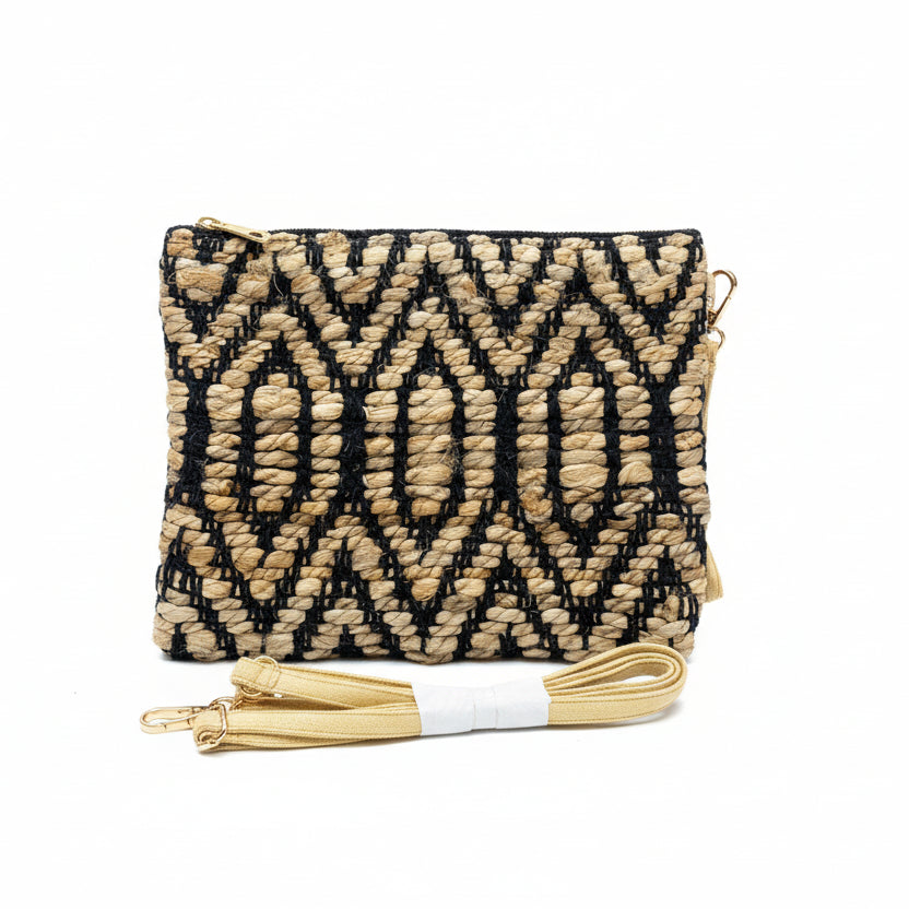 Bolso de mano tipo clutch o cartera de yute con un diseño geométrico - Moments by You