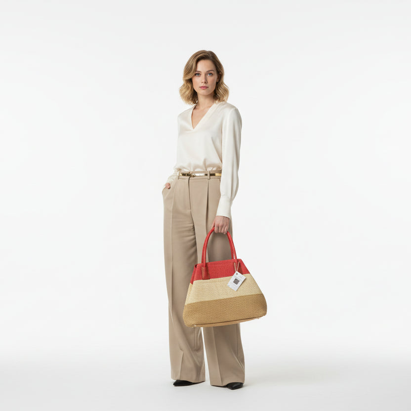 Bolso shopper tipo rafia combinado con efecto piel y rayas - Moments by You