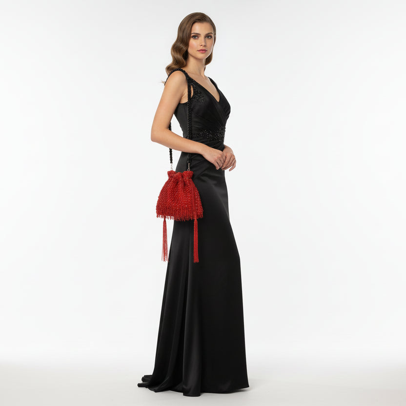 Bolso de fiesta con asa tipo limosnera rojo con flecos y borlas con tachuelas - Moments by You