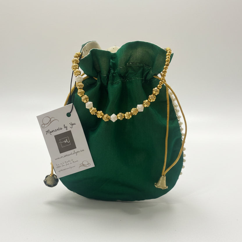 Bolso de fiesta limosnera verde con diseño de flores y asa de cuentas en acabado oro - Moments by You