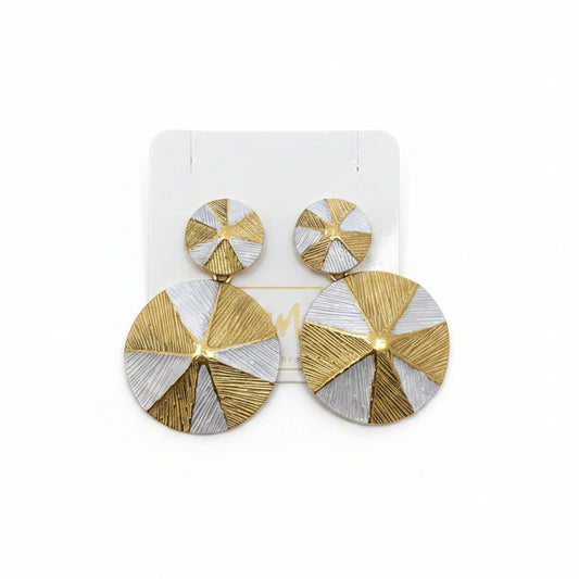 Pendientes largos de acero con doble altura en forma de circunferencia con textura rayada y bicolor - Moments by You