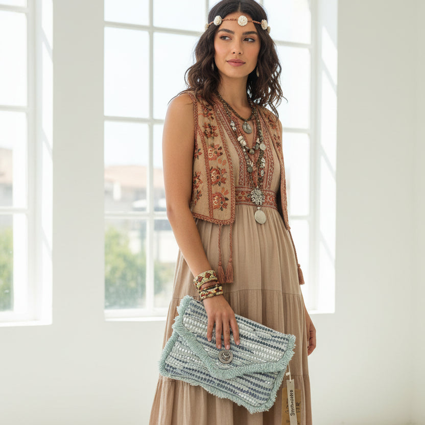 Bolso tipo sobre de fibra 100% natural combinado con cuero y con flecos - Moments by You