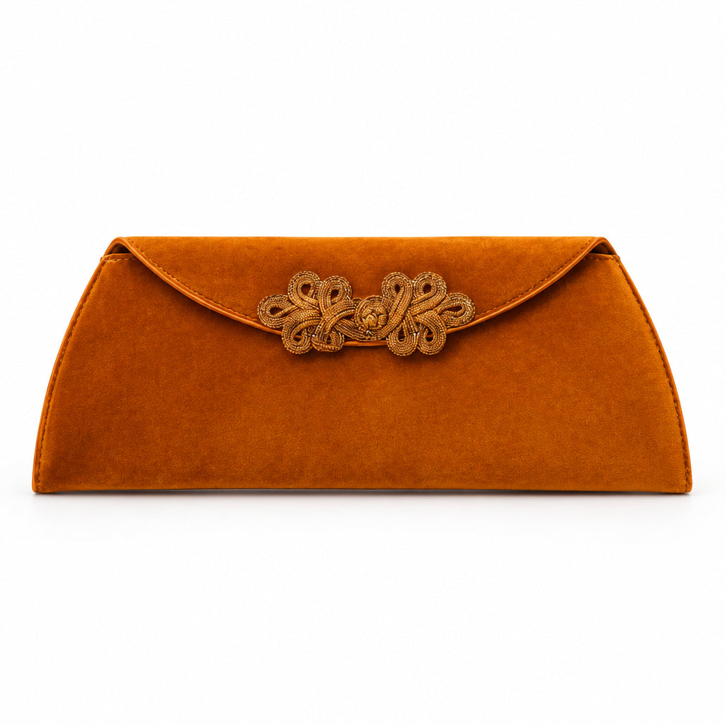 Bolso fiesta de terciopelo alargado con detalle floral trenzado