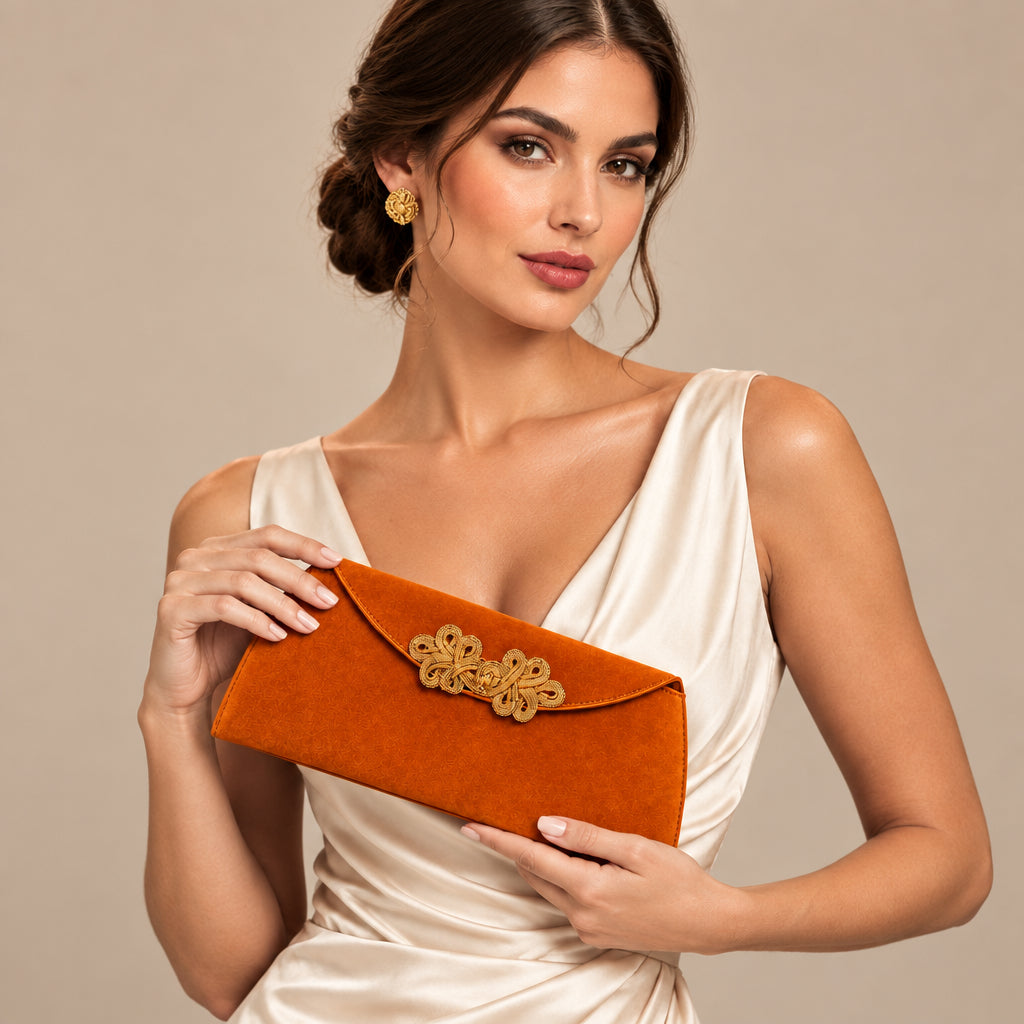 Bolso fiesta de terciopelo alargado con detalle floral trenzado