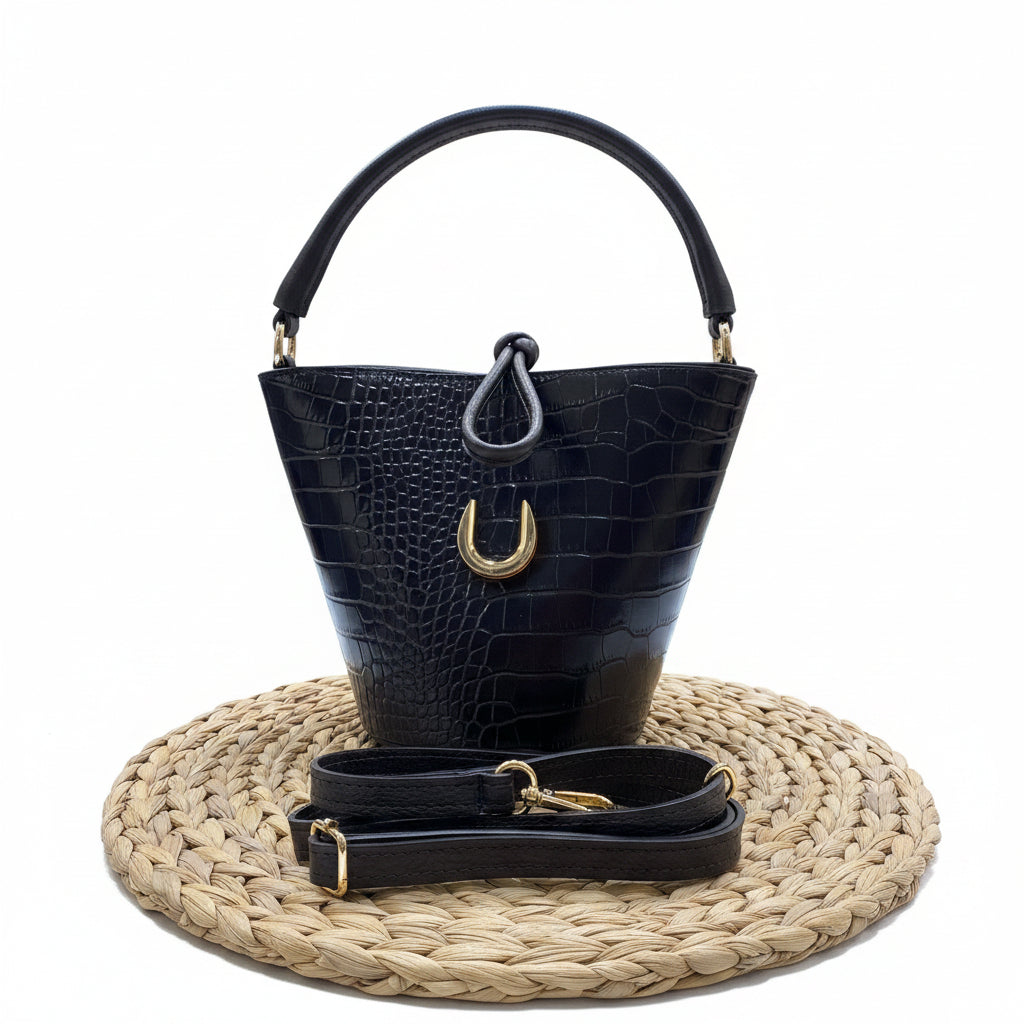 Bolso bucket piel 100% auténtica acabado cocodrilo