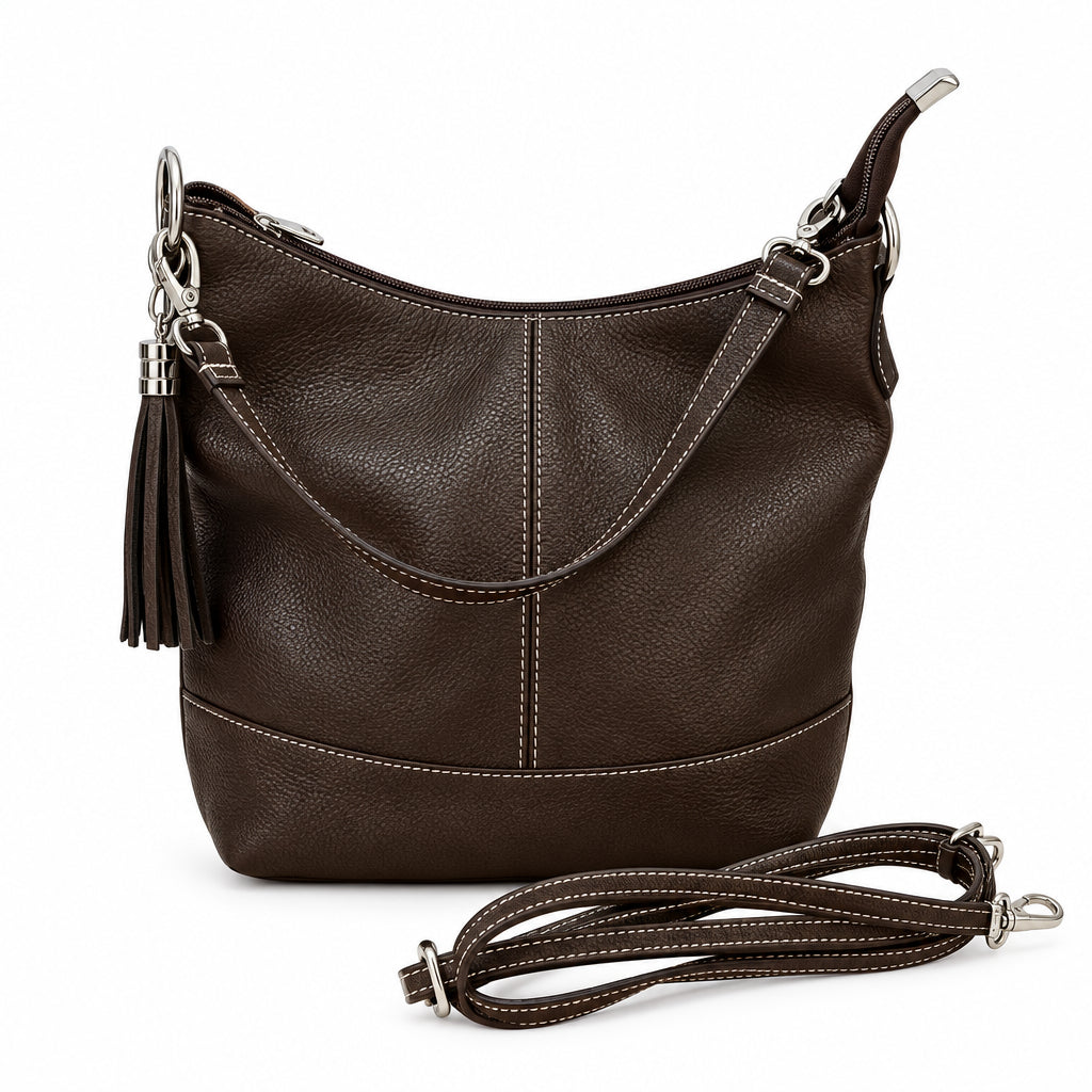 Bolso hobo mediano piel 100% auténtica con pespuntes blancos