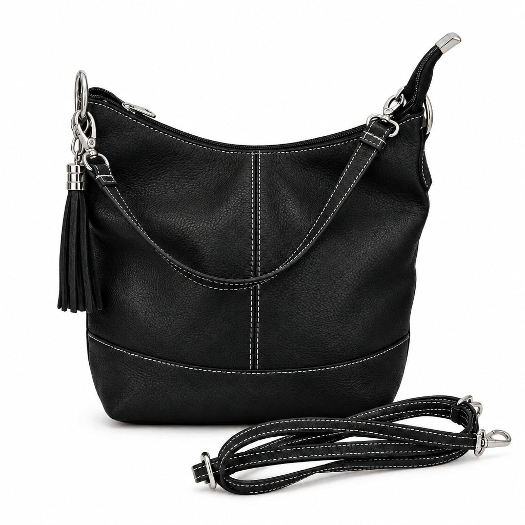 Bolso hobo mediano piel 100% auténtica con pespuntes blancos