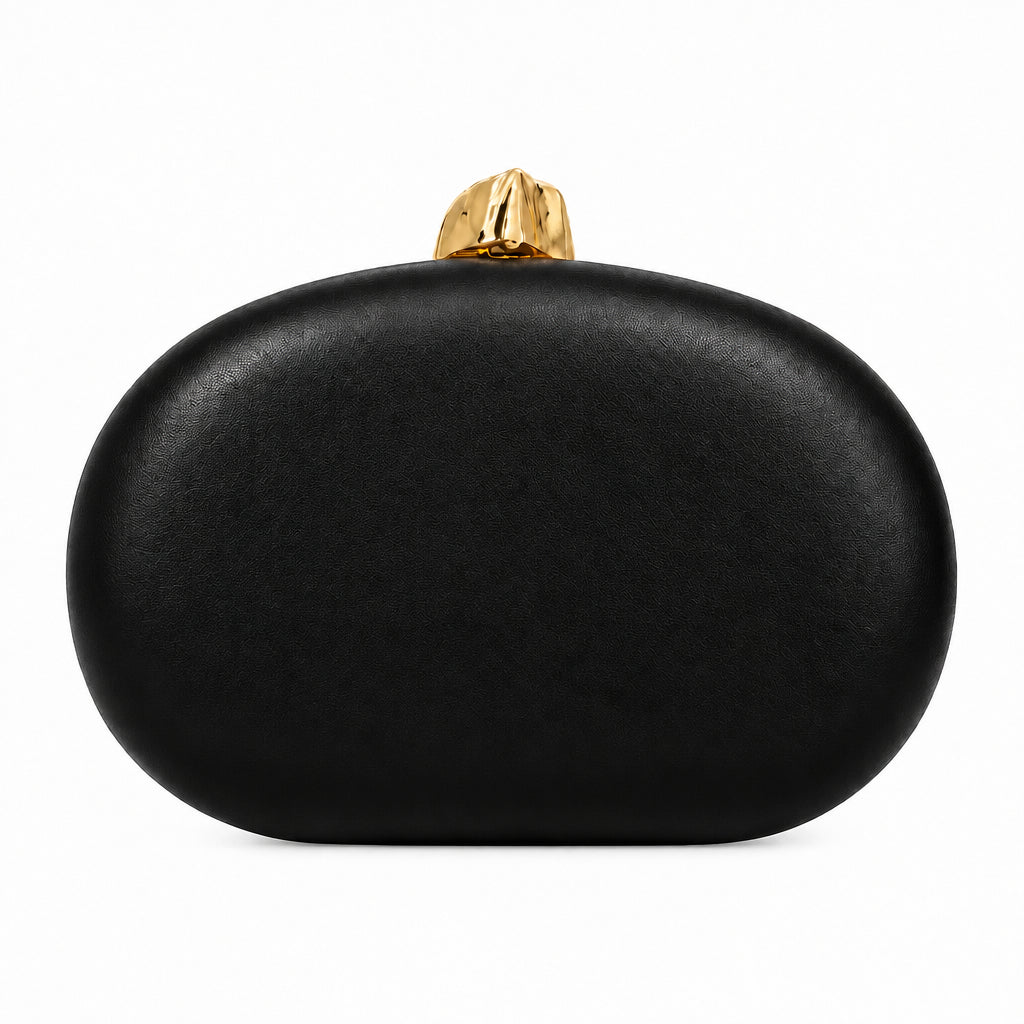 Bolso fiesta clutch con forma ovalada en chocolate y dorado