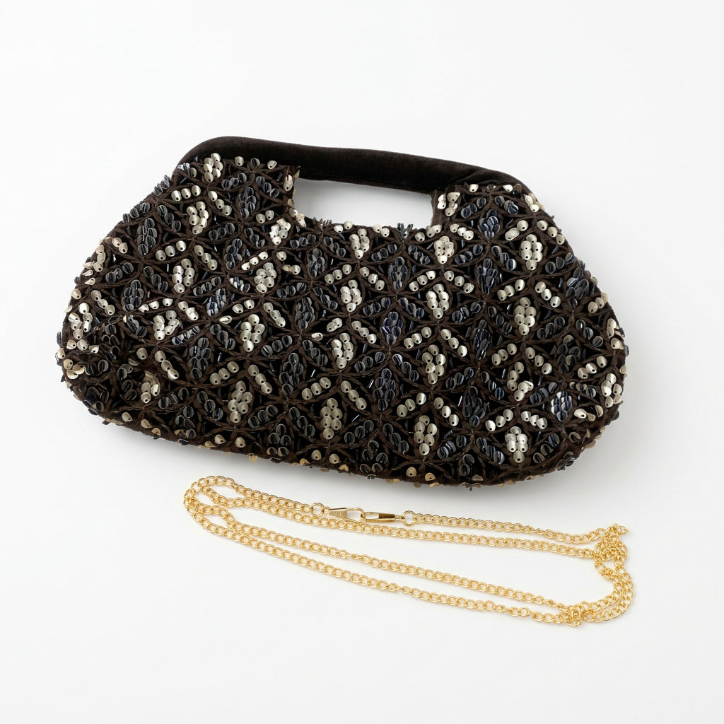Bolso fiesta clutch rectangular de terciopelo con lentejuelas y patrón en chocolate