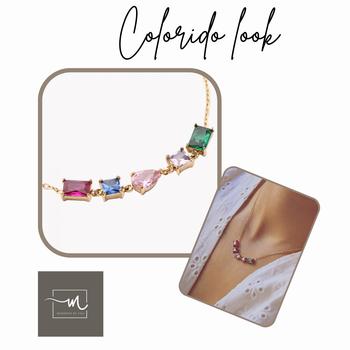 Look coloré acier inoxydable zircons dorés (collier + bracelet)