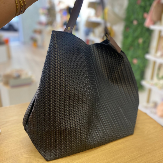 Bolso de piel 100% piel de vacuno tipo shopper efecto trenzado color negro y chocolate - mbyou