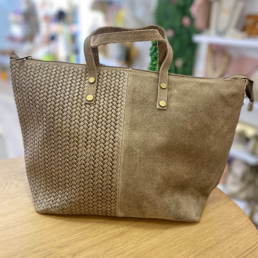 Bolso tipo shopper piel 100% vacuno combinando serraje y trenzado color gris marrón - mbyou