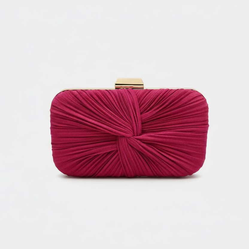Bolso de mano de fiesta rectangular efecto ante con nudo en color buganvilla y dorado - Moments by You