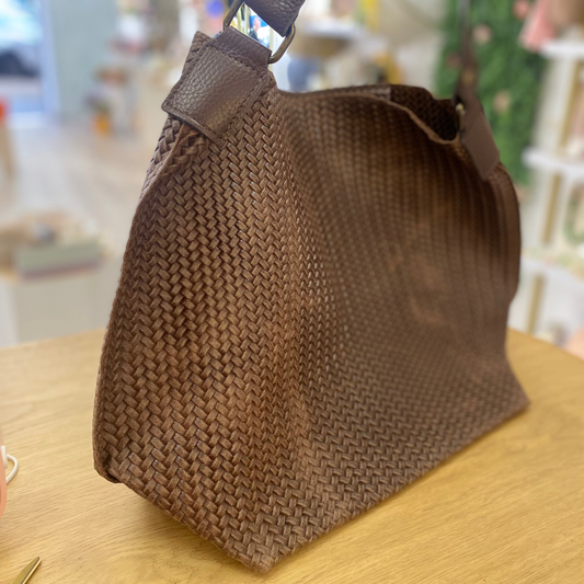 Bolso de piel 100% piel de vacuno tipo shopper efecto trenzado color chocolate - mbyou