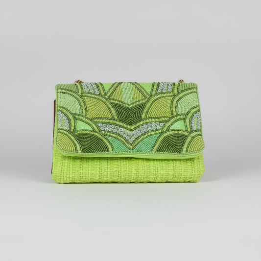 Cartera de mano 100% algodón con detalles geométricos bordados con cuentas tonos verdes y nacarados - Moments by You