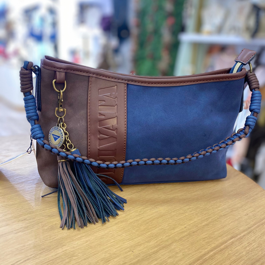 Bolso bandolera marrón chocolate y azul marino efecto ante de Privata.