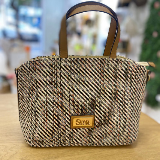 Bolso de mano mediano de rafia en colores entremezclados rosa, azulado y marrón - mbyou