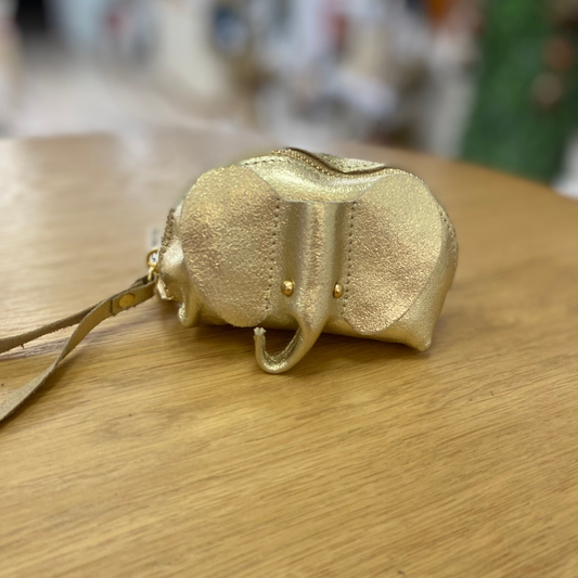 Monedero piel 100% vacuno con correa y cara de elefante en dorado