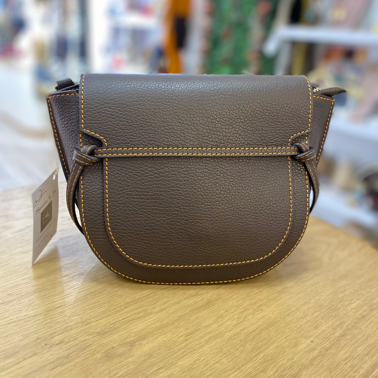 Bolso bandolera piel 100% auténtica marrón chocolate con pespuntes