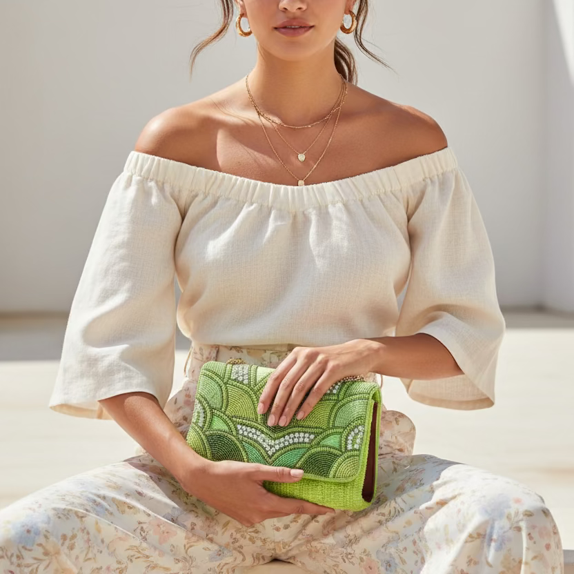 Cartera de mano 100% algodón con detalles geométricos bordados con cuentas tonos verdes y nacarados - Moments by You