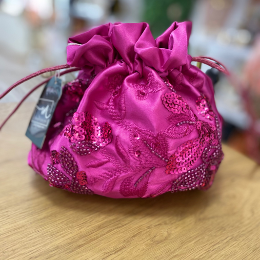 Bolso de fiesta limosnera fucsia floral con lentejuelas  - mbyou