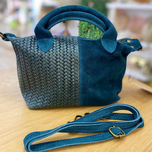 Bolso piel 100% auténtica de vacuno efecto trenzado combinada con serraje color verde azulado - mbyou