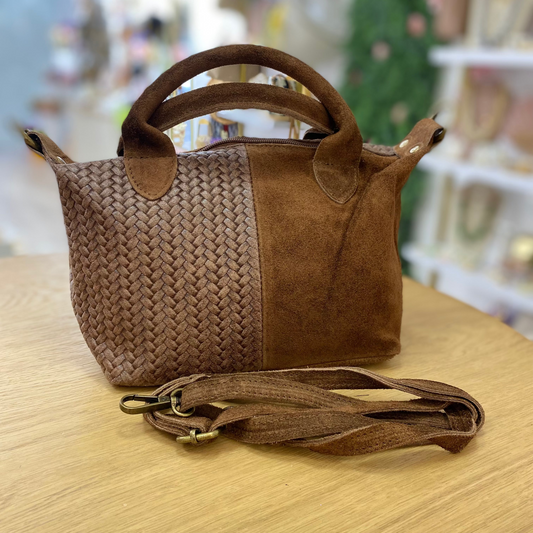 Bolso piel 100% auténtica de vacuno efecto trenzado combinada con serraje color chocolate  - mbyou (Copia)