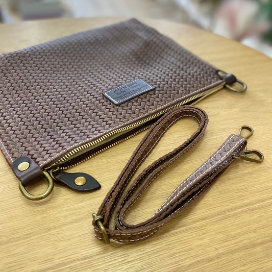 Bolso de piel 100% auténtica tipo bandolera rectangular efecto trenzado chocolate - mbyou