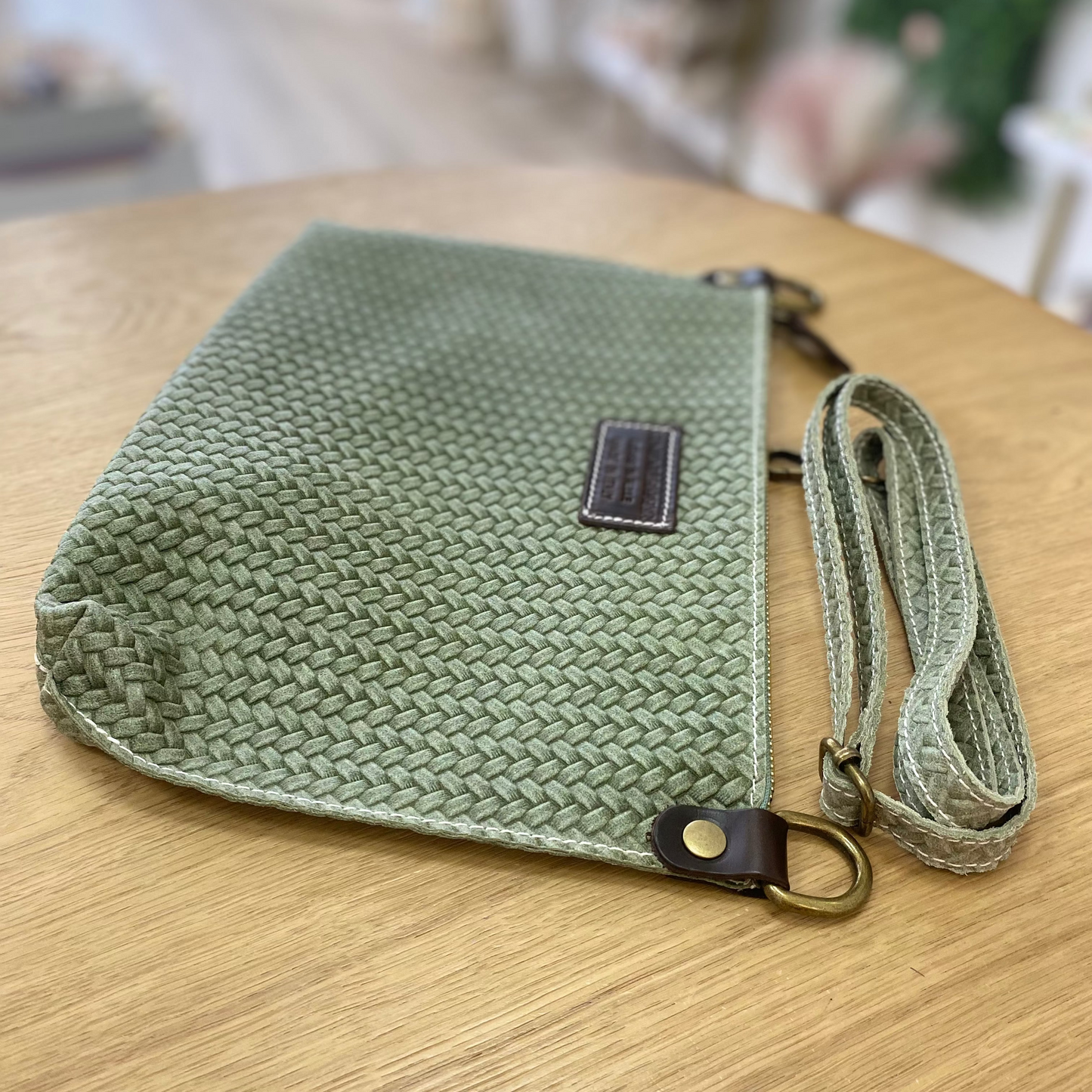 Bolso de piel 100% auténtica tipo bandolera rectangular efecto trenzado verde y chocolate - mbyou