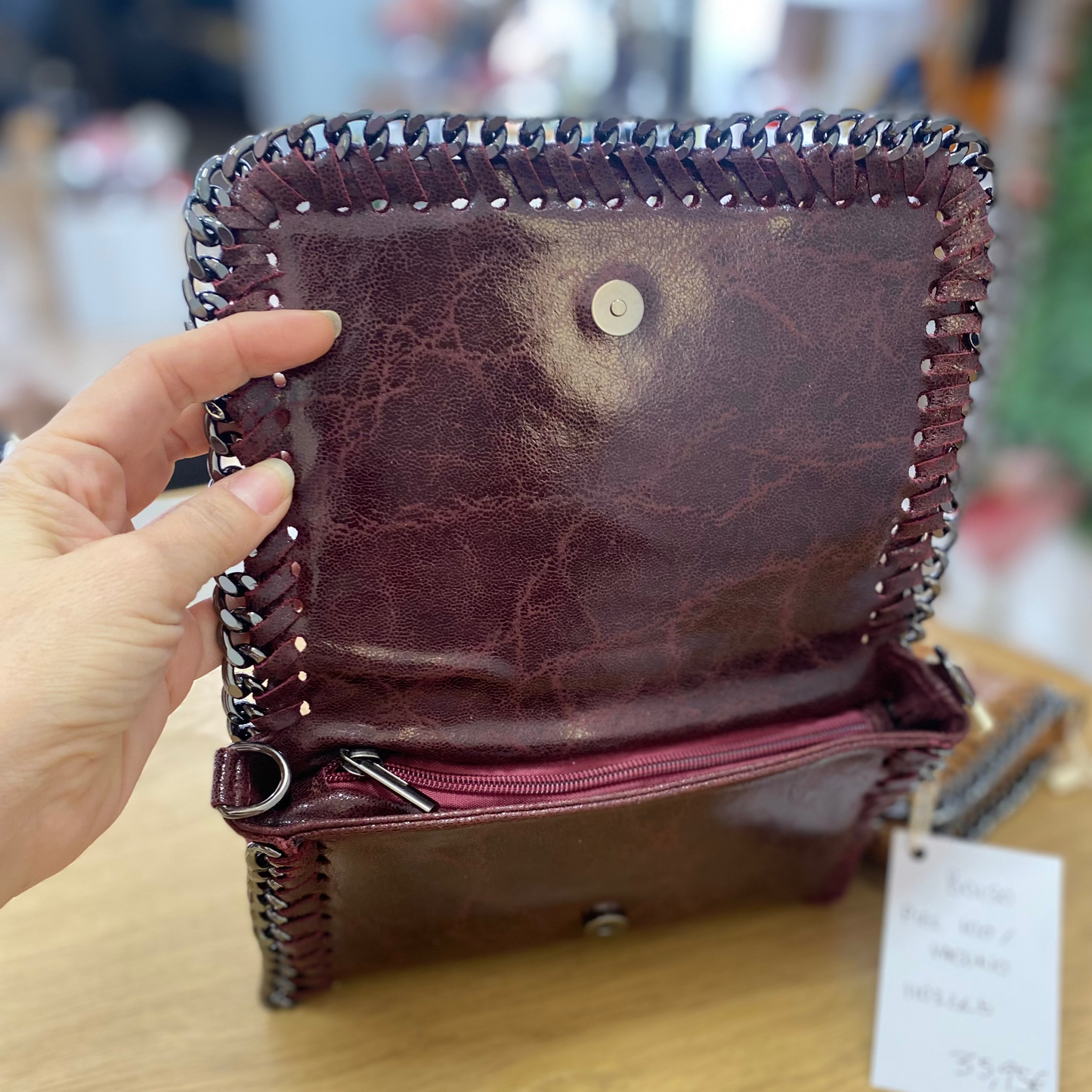 Bolso de piel auténtica 100% con cadena cosida plata oscura