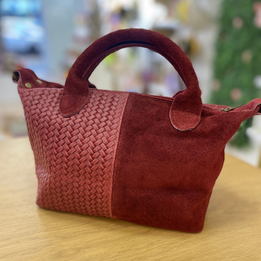 Bolso piel 100% auténtica de vacuno efecto trenzado combinada con serraje color burdeos - mbyou